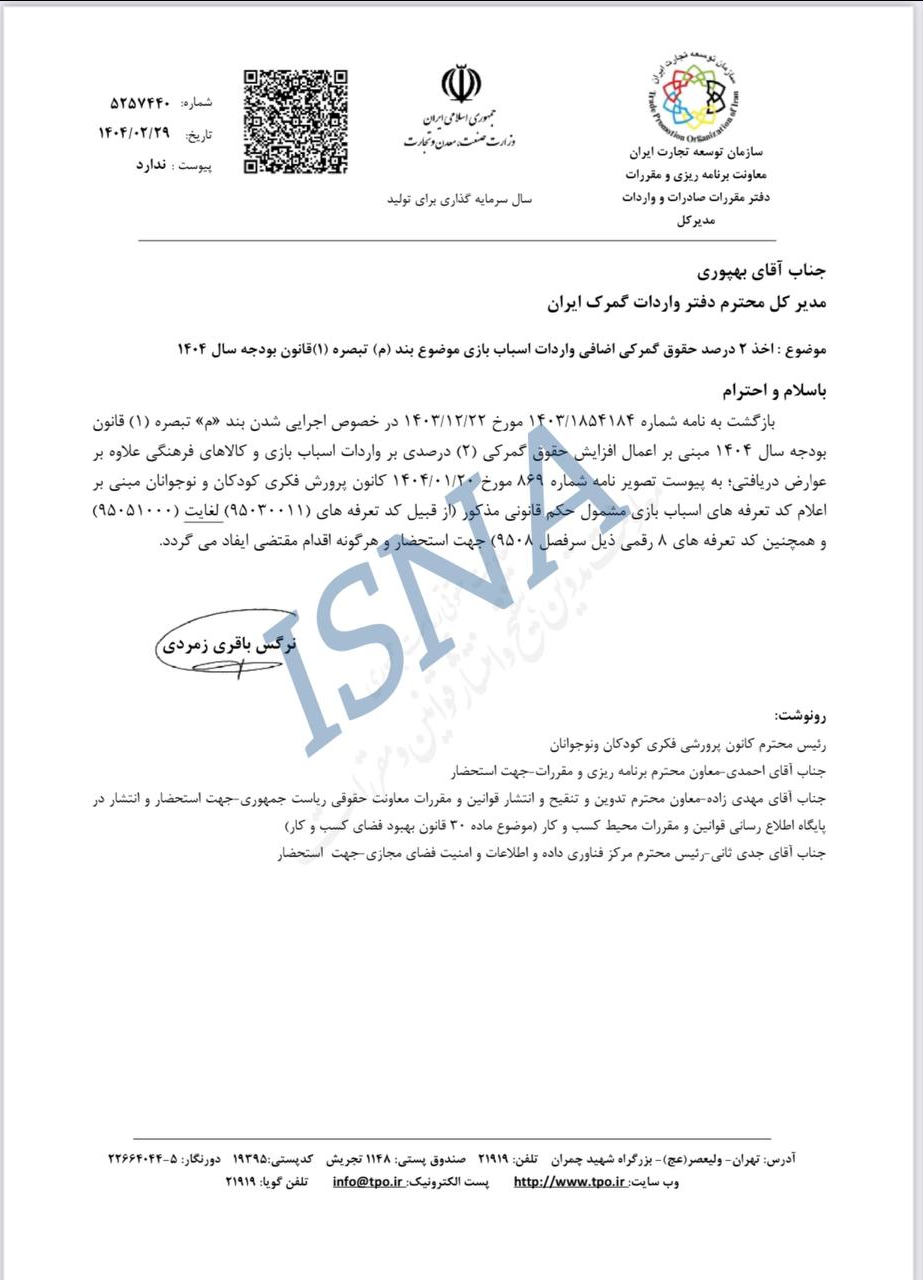 افزایش ۲ درصدی حقوق گمرکی واردات اسباب‌بازی ابلاغ شد